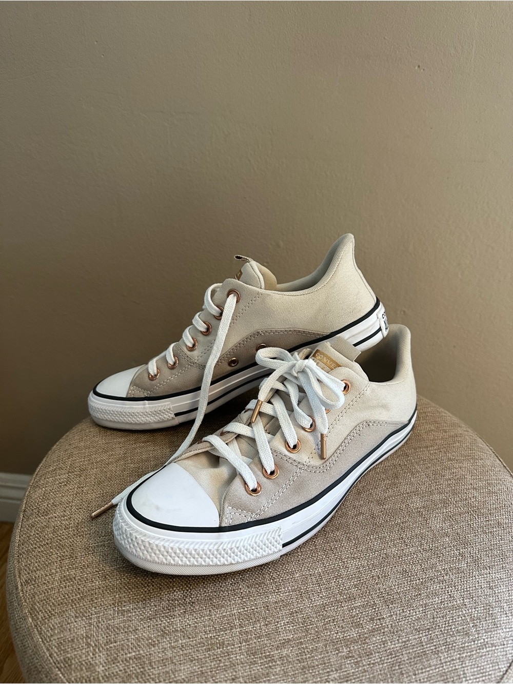 Converse Low-Top Canvas Sneakers in Beige with White Accents - Picture 2 of 8